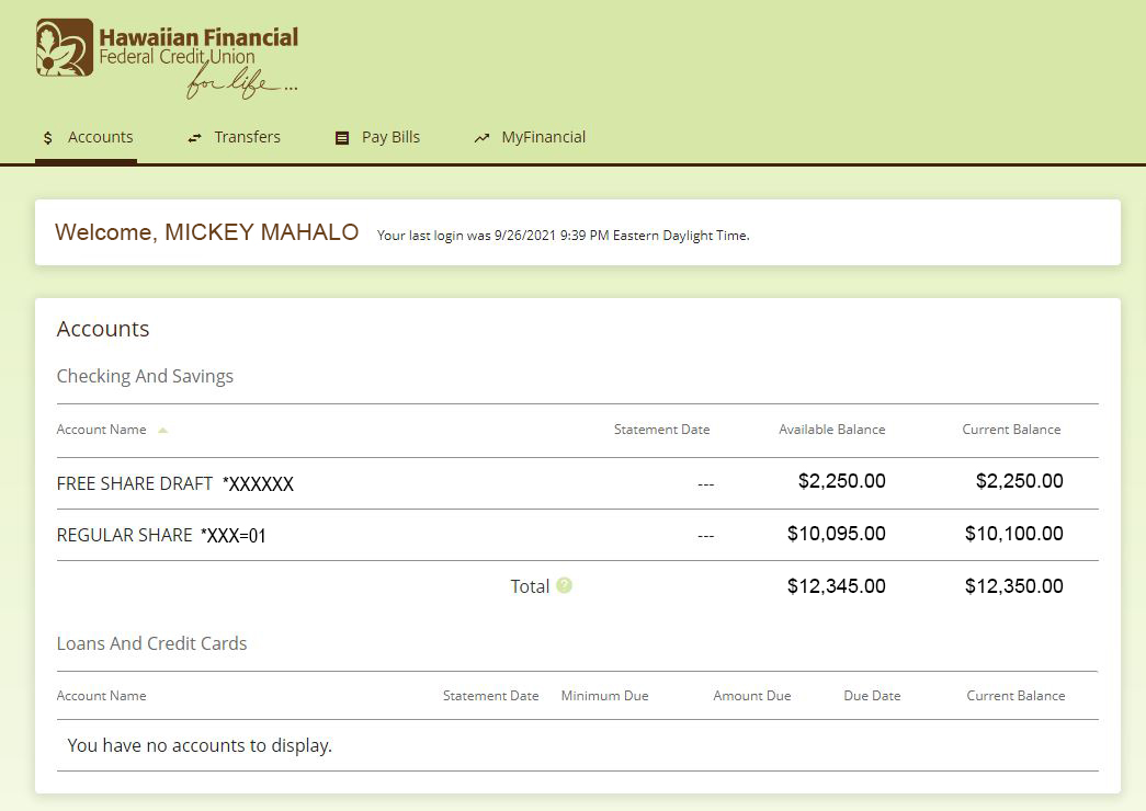 Online banking screen capture showing all accounts 