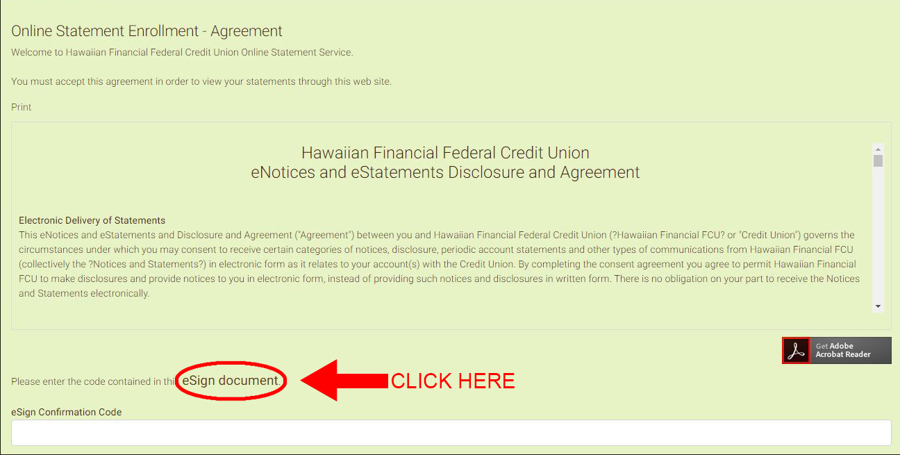 Screen capture showing account agreement disclosure and esign link example