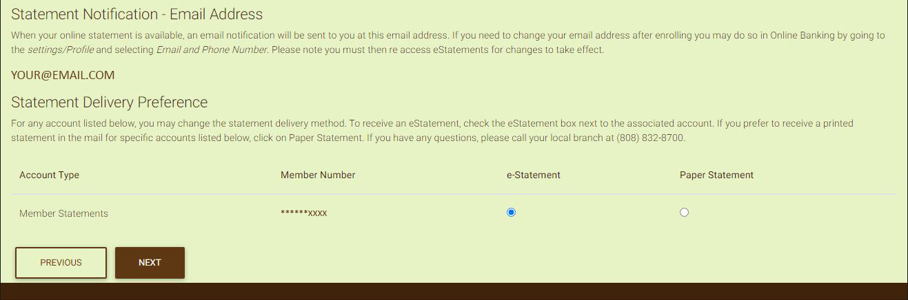 Screen capture showing how to select estatements or paper statements