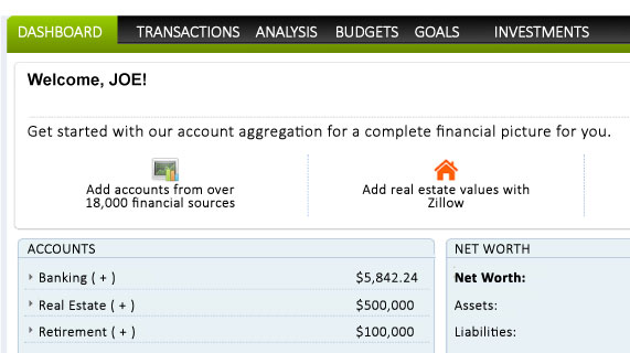 Screen capture showing my financial dashboard