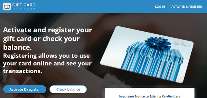 Screen capture showing Activate and register screen for gift cards