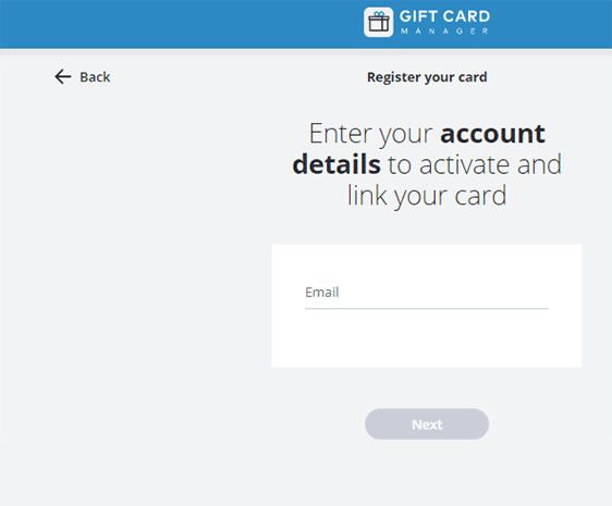 Screen capture showing where to enter email address and activating a gift card