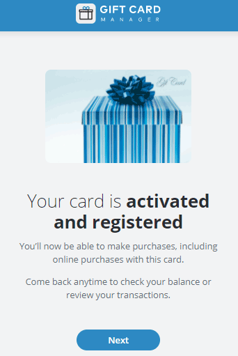Screen capture showing gift card being activated