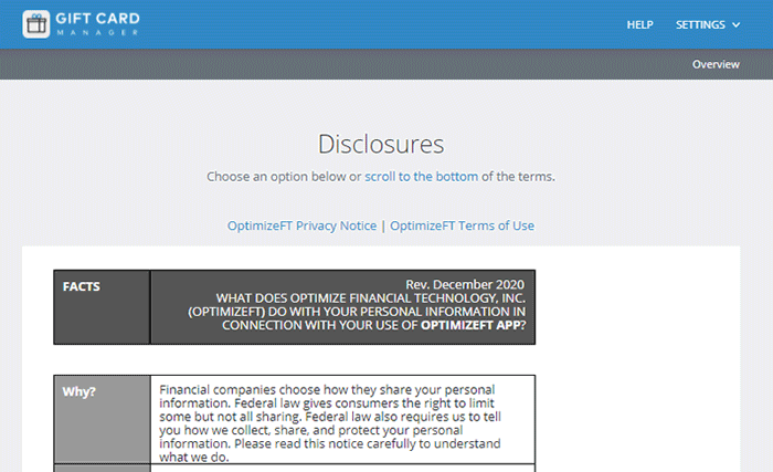 Screen capture showing reviewing the disclosure's and accepting the terms