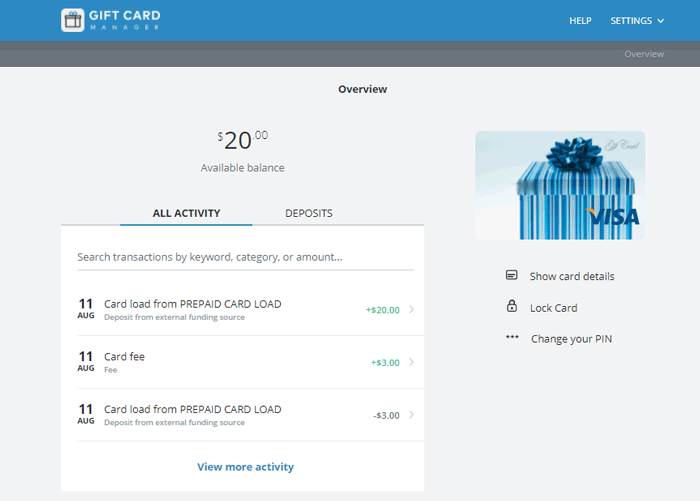 Screen capture showing PIN change and how to lock gift cards