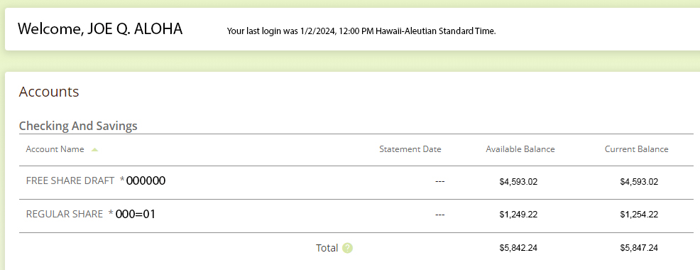 Screen capture showing accounts overview