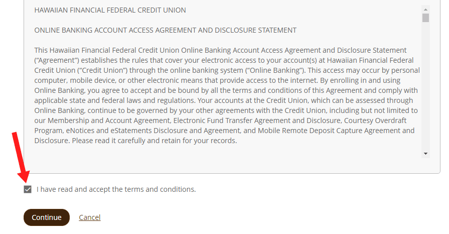 Screen capture showing checkbox to agree to terms and conditions